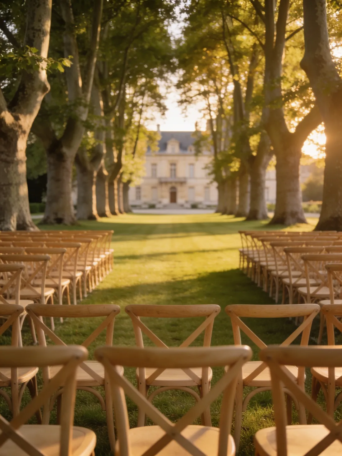 Wooden chairs set out for a ceremony beneath an avenue of tall plane trees.