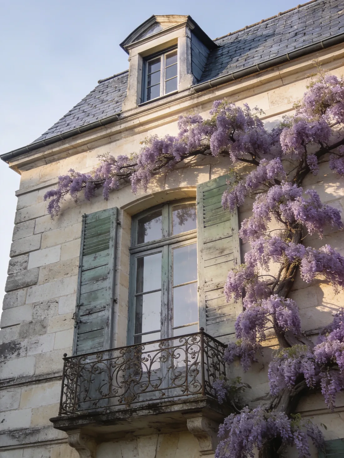 Weathered limestone, grey-green shutters and wisteria on the château facade.