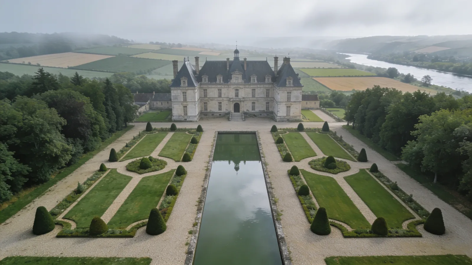 Aerial view of the château, its formal gardens and a long reflecting pool.