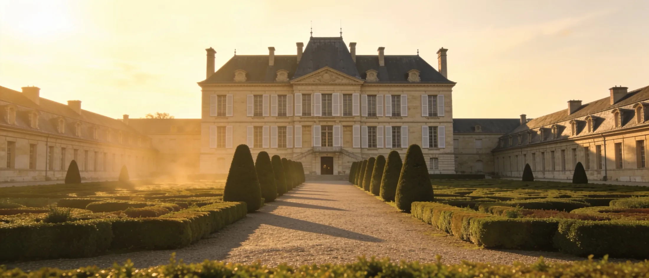 The château at golden hour, seen down a gravel avenue between clipped topiary.