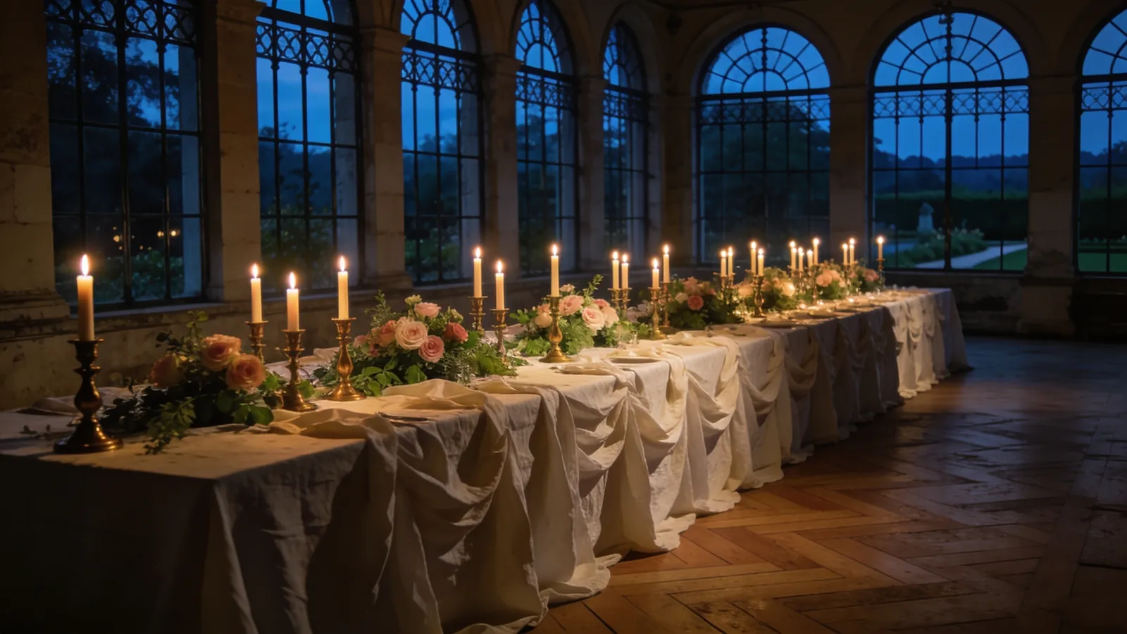 A long candlelit dinner table beneath the tall arched windows of the orangery.