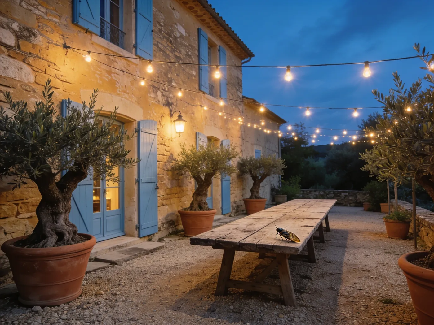 A stone courtyard at dusk with olive trees and a table under festoon lights.